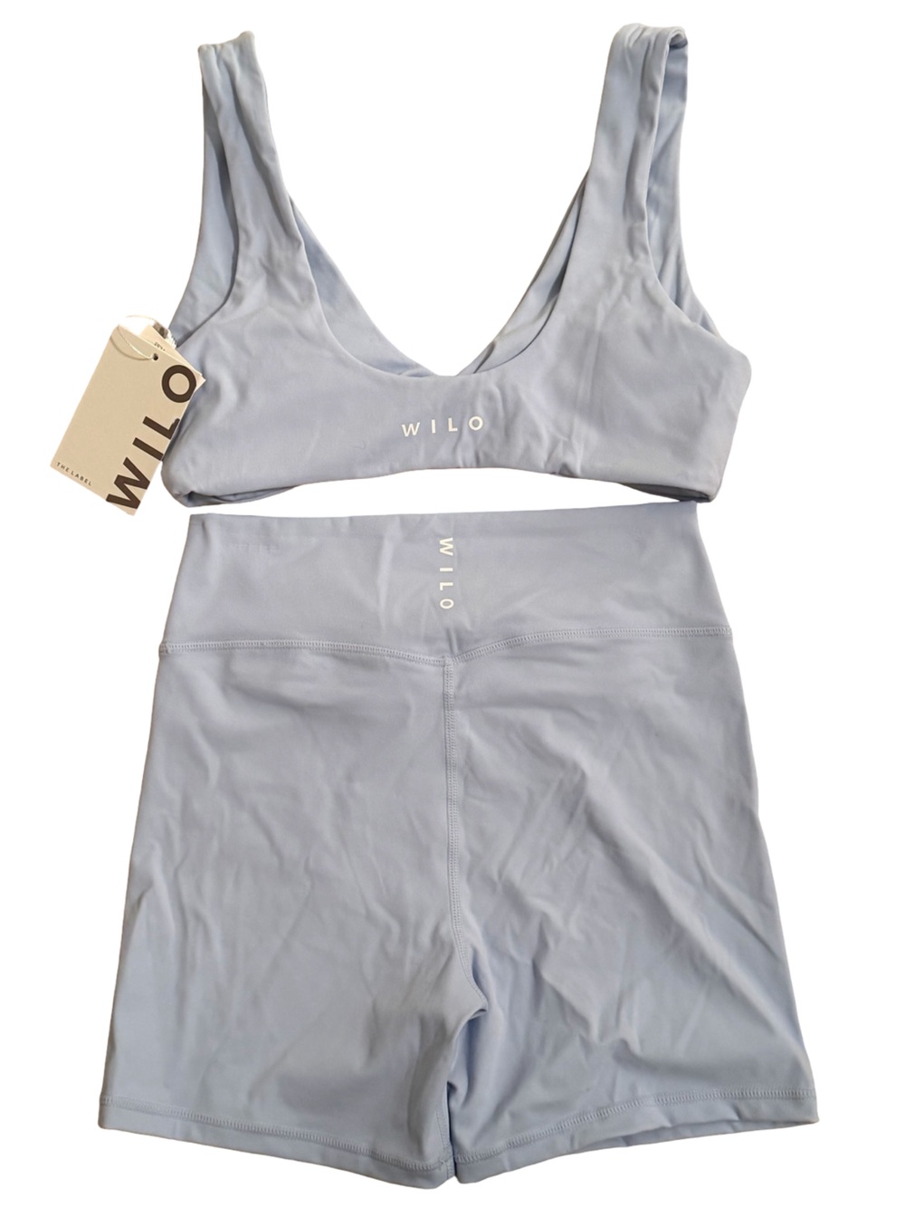 Wilo The Label Twist Sports Bra & V Waist Biker Short Set Powder Blue M NWT - Picture 3 of 8